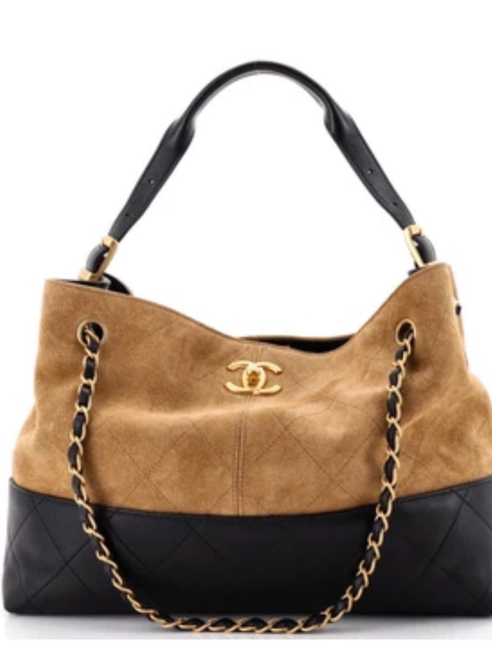 CHANEL Two-Tone Suede & Leather Hobo Bag - Tan/Black